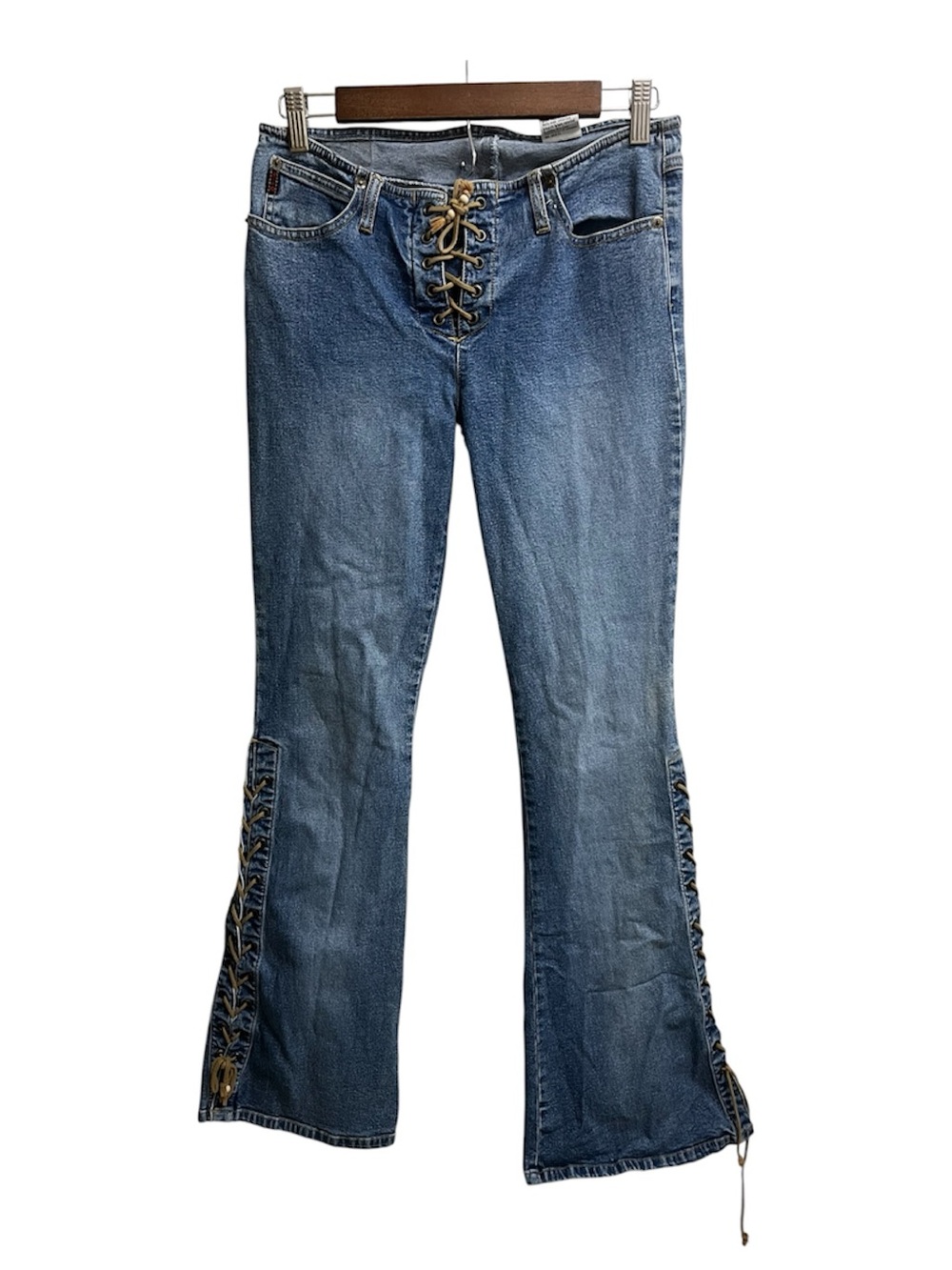 VTG Y2K Mudd Low Rise Medium Wash Lace Up Flare Jeans SZ 28 6 Western Boho